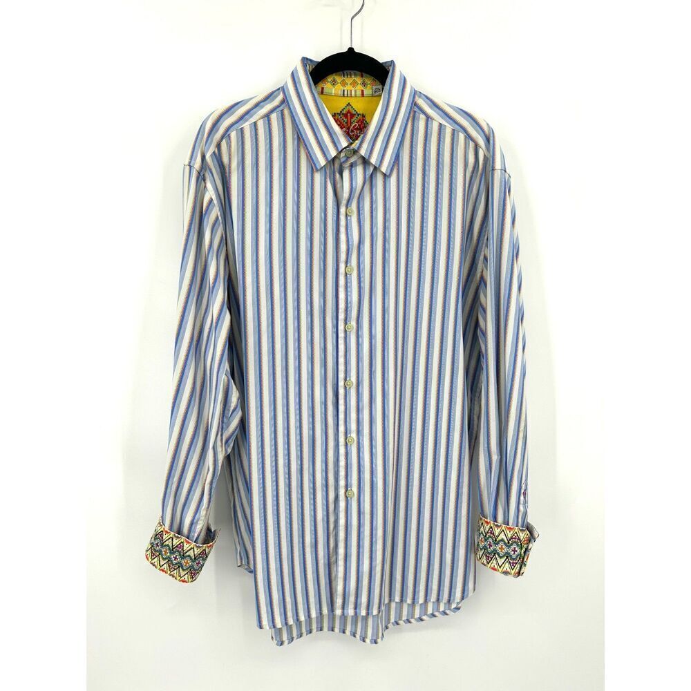 ROBERT GRAHAM Blue White Orange Stripe Embroidered Cuff Button Up Dress Shirt XL